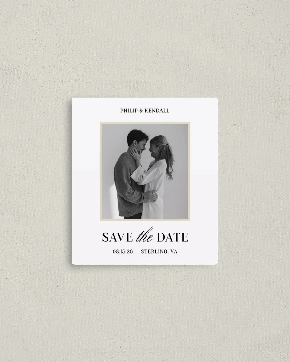 This is a 3½" x 4" Save the Date Magnet called Forever Framed printed in full color with Rose Gold foil and a Luxe Satin finish
