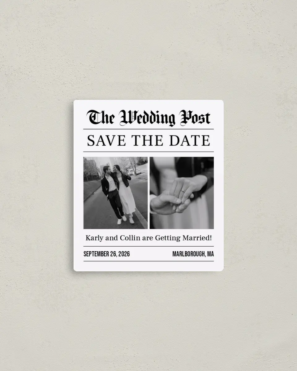This is a 3½" x 4" Save the Date Magnet called The Wedding Post printed in full color with Rose Gold foil and a Luxe Satin finish