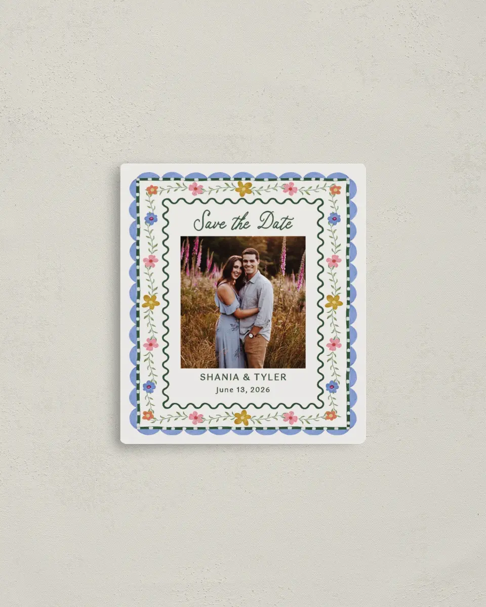 This is a 3½" x 4" Save the Date Magnet called Cottage Keepsake printed in full color with Gold foil and a Luxe Satin finish