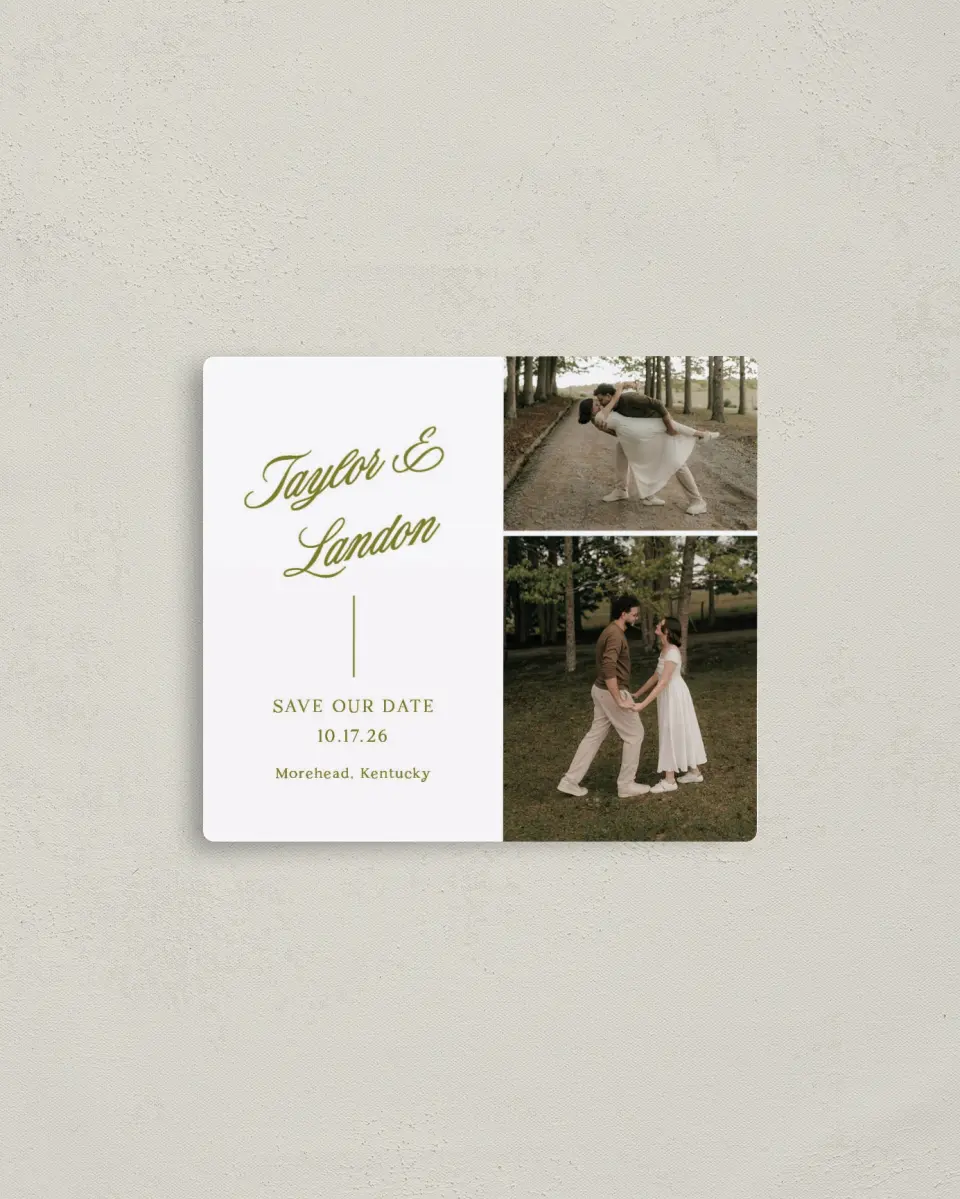 This is a 3½" x 4" Save the Date Magnet called Always Yours printed in full color with Gold foil and a Luxe Satin finish