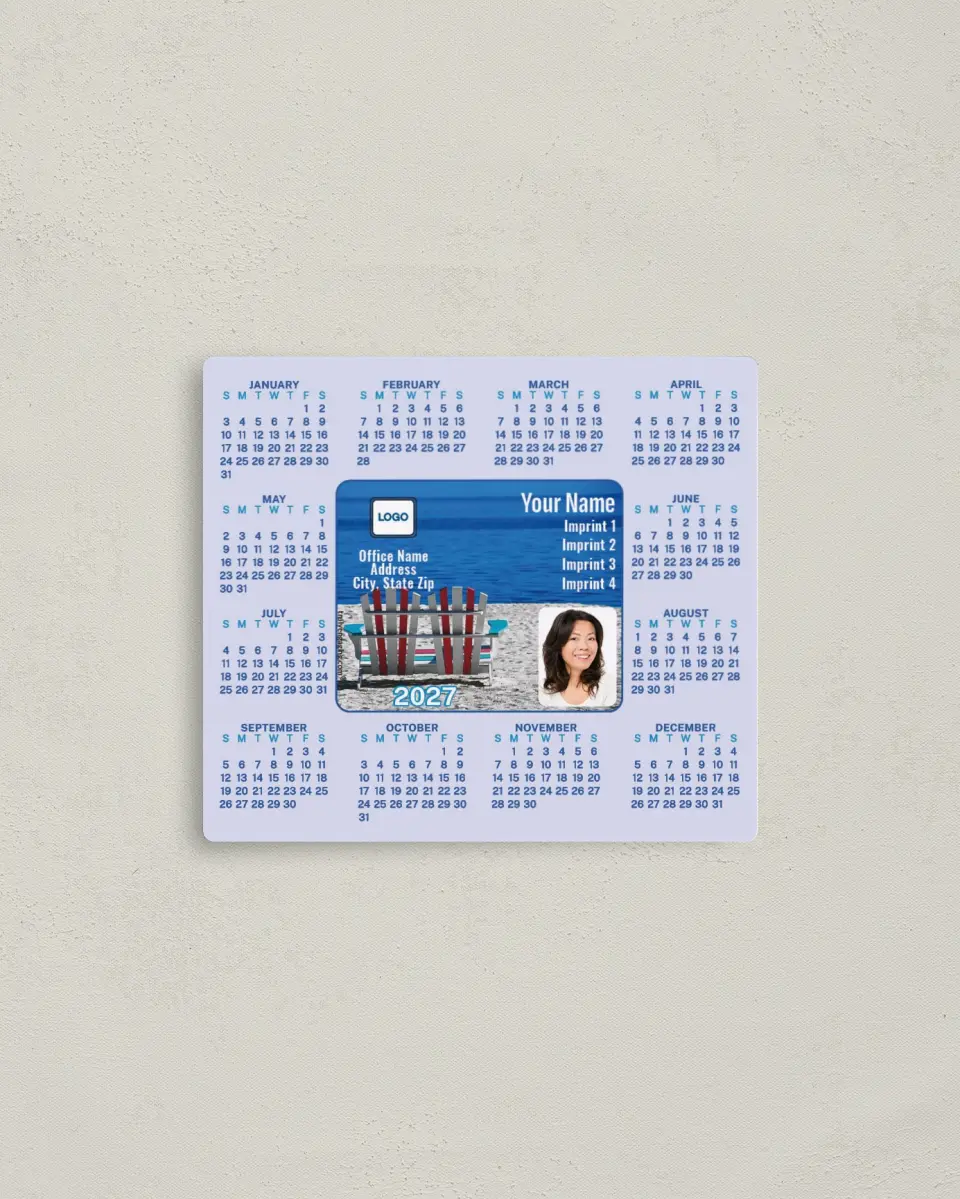This is a 3½" x 4" Full Magnet Calendar called Beach Chairs, Light Blue Background printed in full color with a Standard Gloss finish