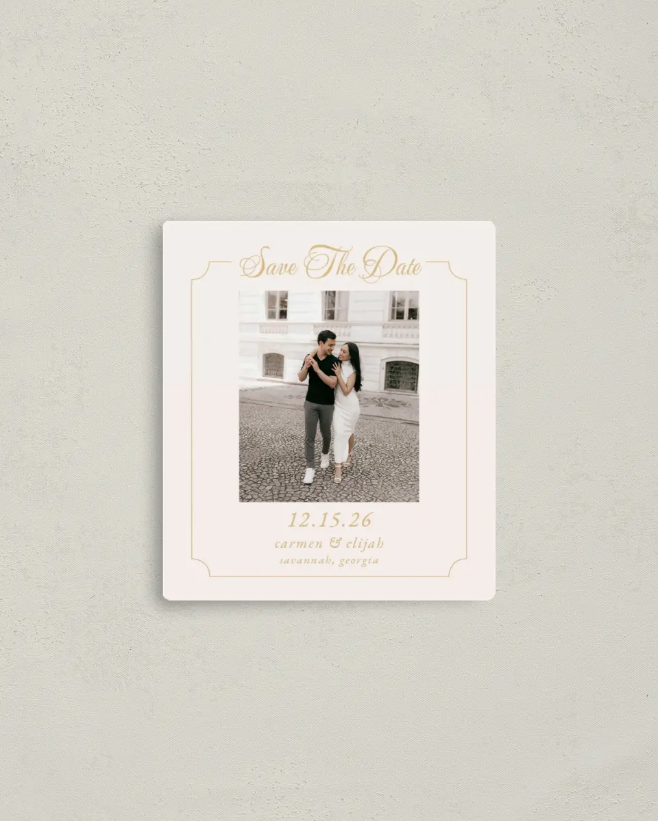 This is a 3½" x 4" Save the Date Magnet called Lovely Frame printed in full color with Gold foil and a Luxe Satin finish