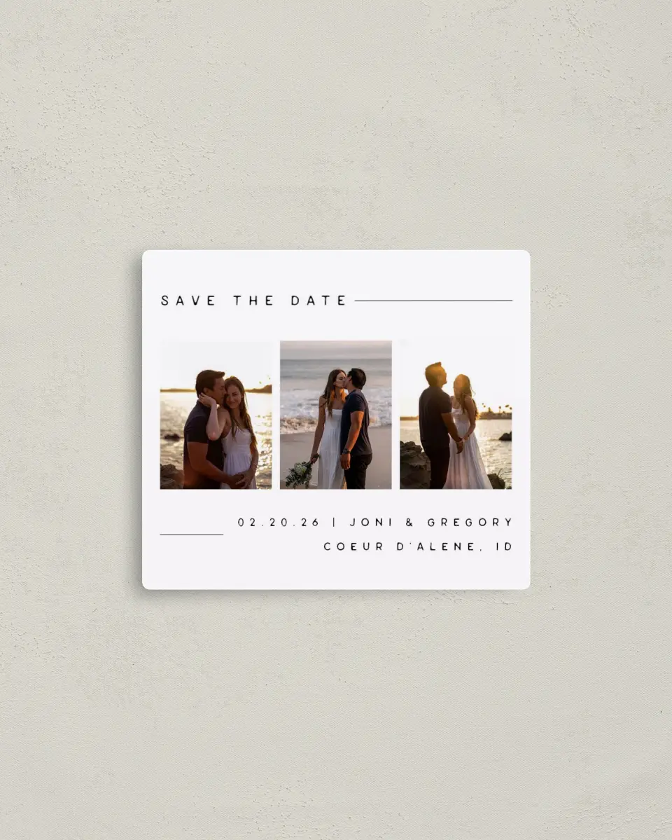 This is a 3½" x 4" Save the Date Magnet called Mine Forever printed in full color with Gold foil and a Luxe Satin finish