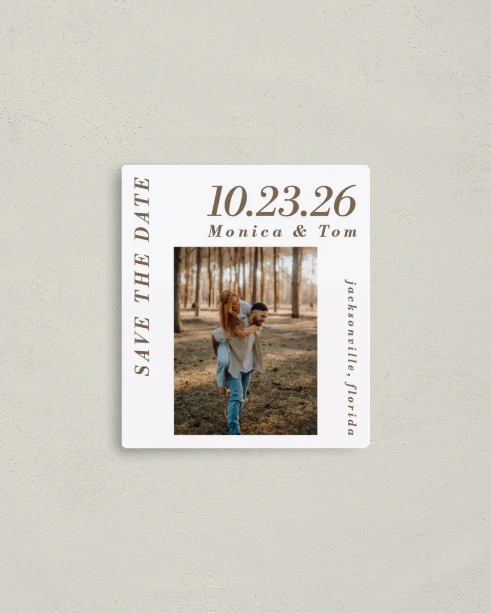 This is a 3½" x 4" Save the Date Magnet called All I Need printed in full color with Gold foil and a Luxe Satin finish