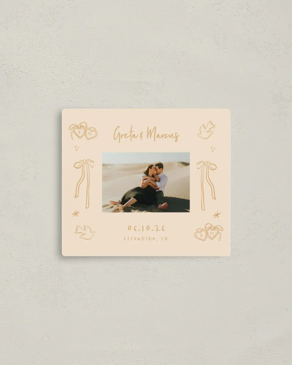 This is a 3½" x 4" Save the Date Magnet called Loving Whimsy printed in full color with Gold foil and a Luxe Satin finish
