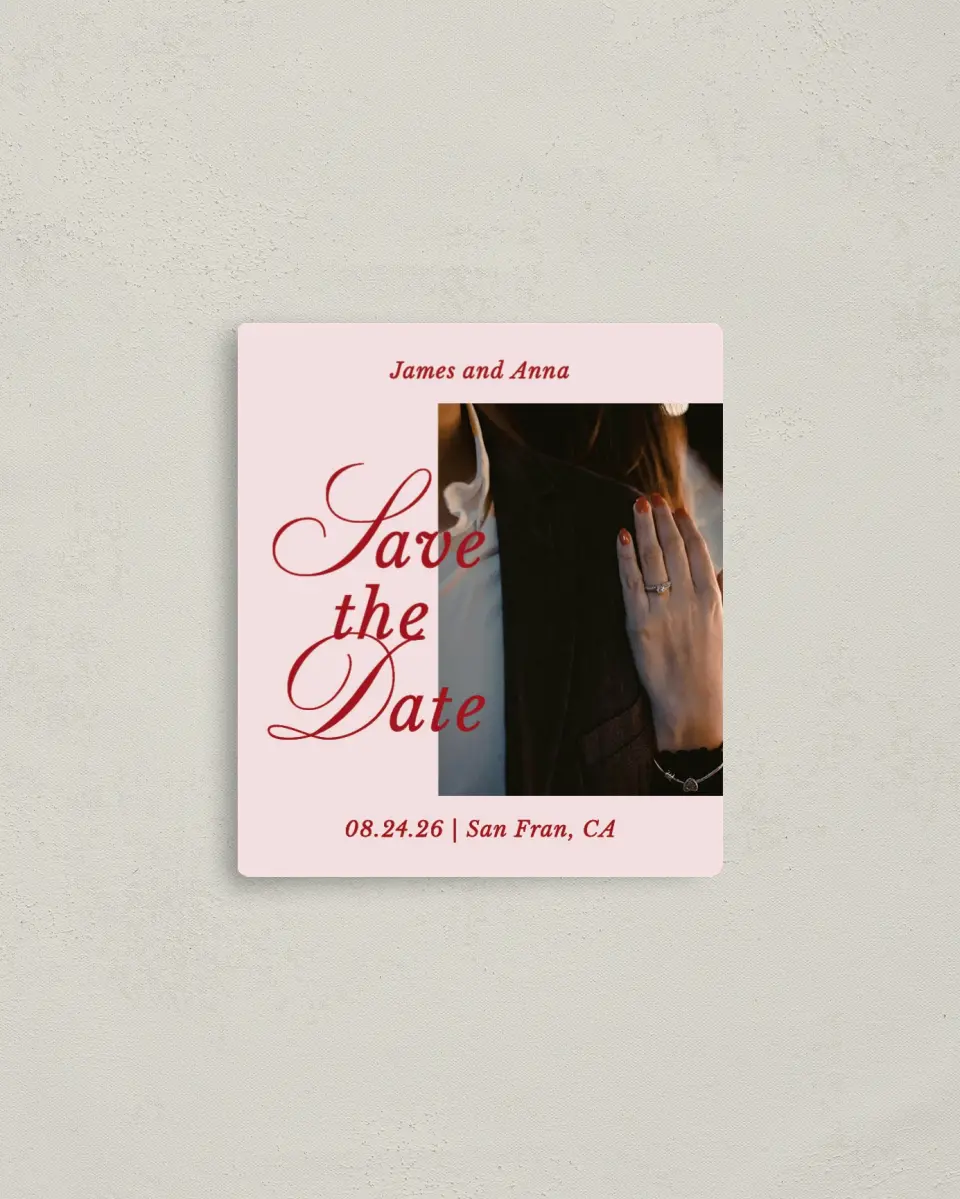 This is a 3½" x 4" Save the Date Magnet called Purely Yours printed in full color with Gold foil and a Luxe Satin finish