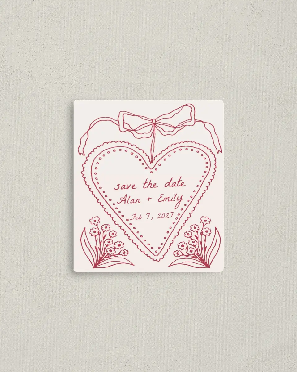 This is a 3½" x 4" Save the Date Magnet called Heart On My Sleeve printed in full color with Rose Gold foil and a Luxe Satin finish