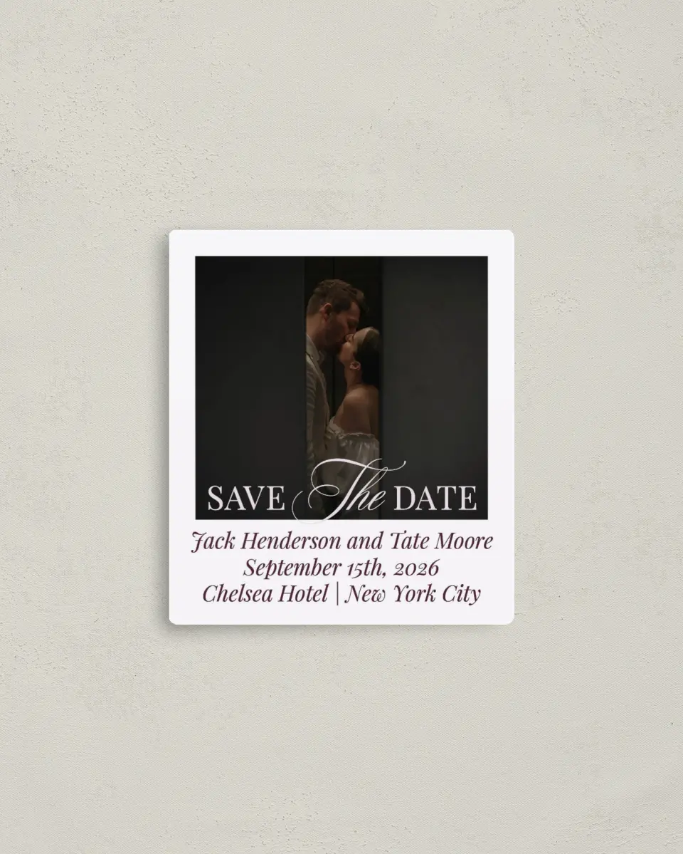This is a 3½" x 4" Save the Date Magnet called Elegance & Grace printed in full color with Gold foil and a Luxe Satin finish