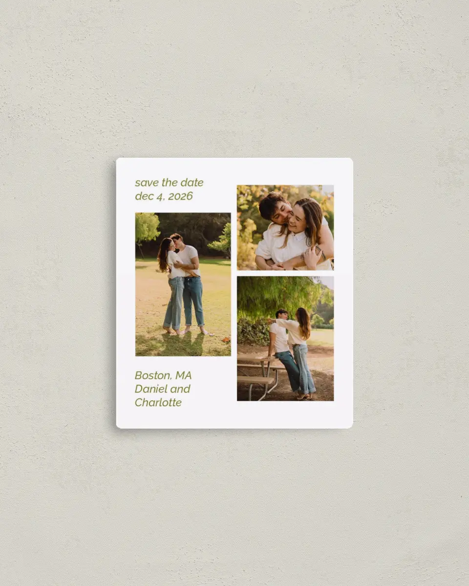 This is a 3½" x 4" Save the Date Magnet called Simple Trio printed in full color with Gold foil and a Luxe Satin finish