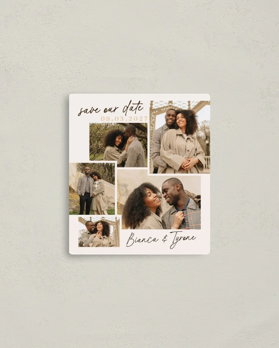 This is a 3½" x 4" Save the Date Magnet called Lovely Bliss printed in full color with Gold foil and a Luxe Satin finish