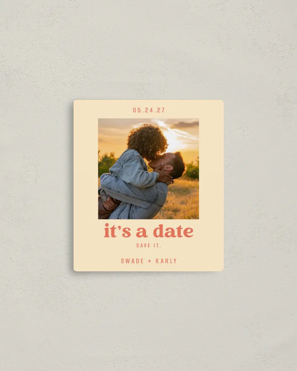 This is a 3½" x 4" Save the Date Magnet called Save It printed in full color with Gold foil and a Luxe Satin finish