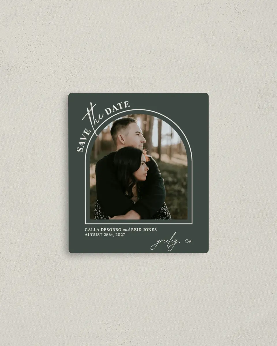 This is a 3½" x 4" Save the Date Magnet called Encompassing Love printed in full color with Gold foil and a Luxe Satin finish