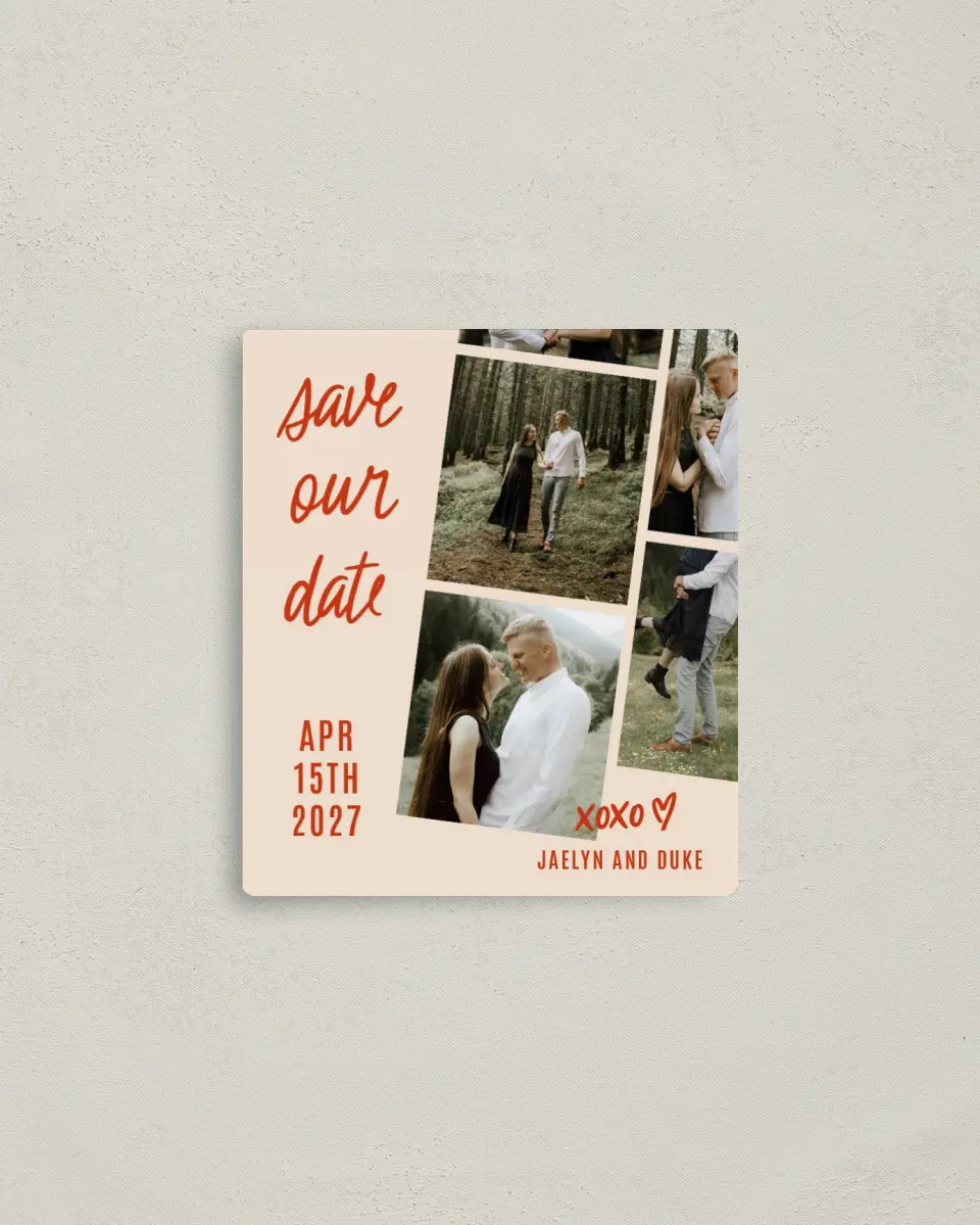 This is a 3½" x 4" Save the Date Magnet called Capture It, Remember It printed in full color with Gold foil and a Luxe Satin finish
