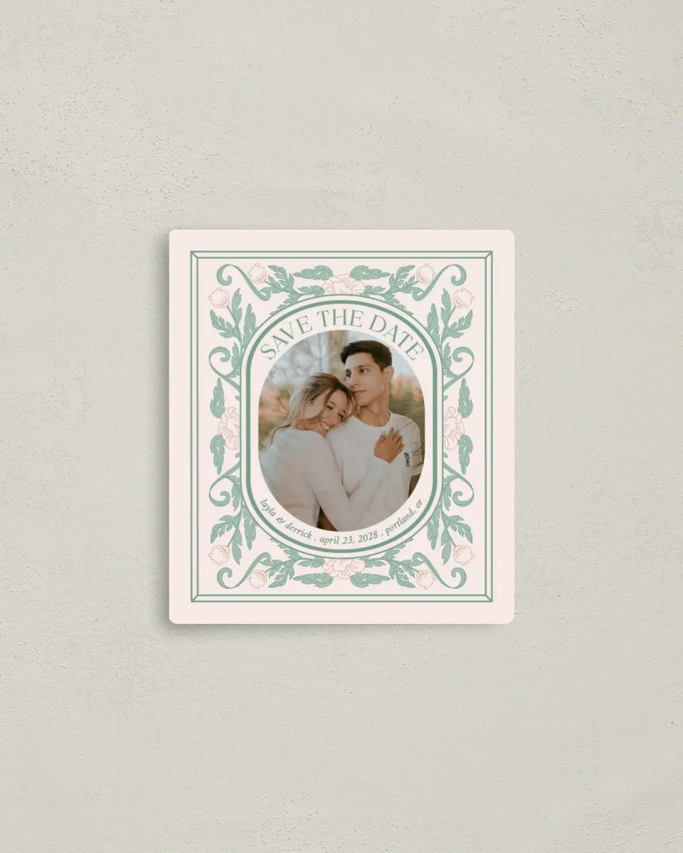 This is a 3½" x 4" Save the Date Magnet called Vintage Dream printed in full color with Rose Gold foil and a Luxe Satin finish
