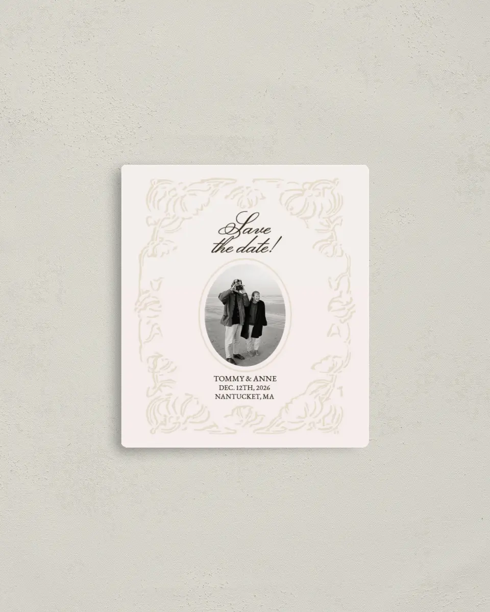 This is a 3½" x 4" Save the Date Magnet called Vintage Paper printed in full color with Gold foil and a Luxe Satin finish