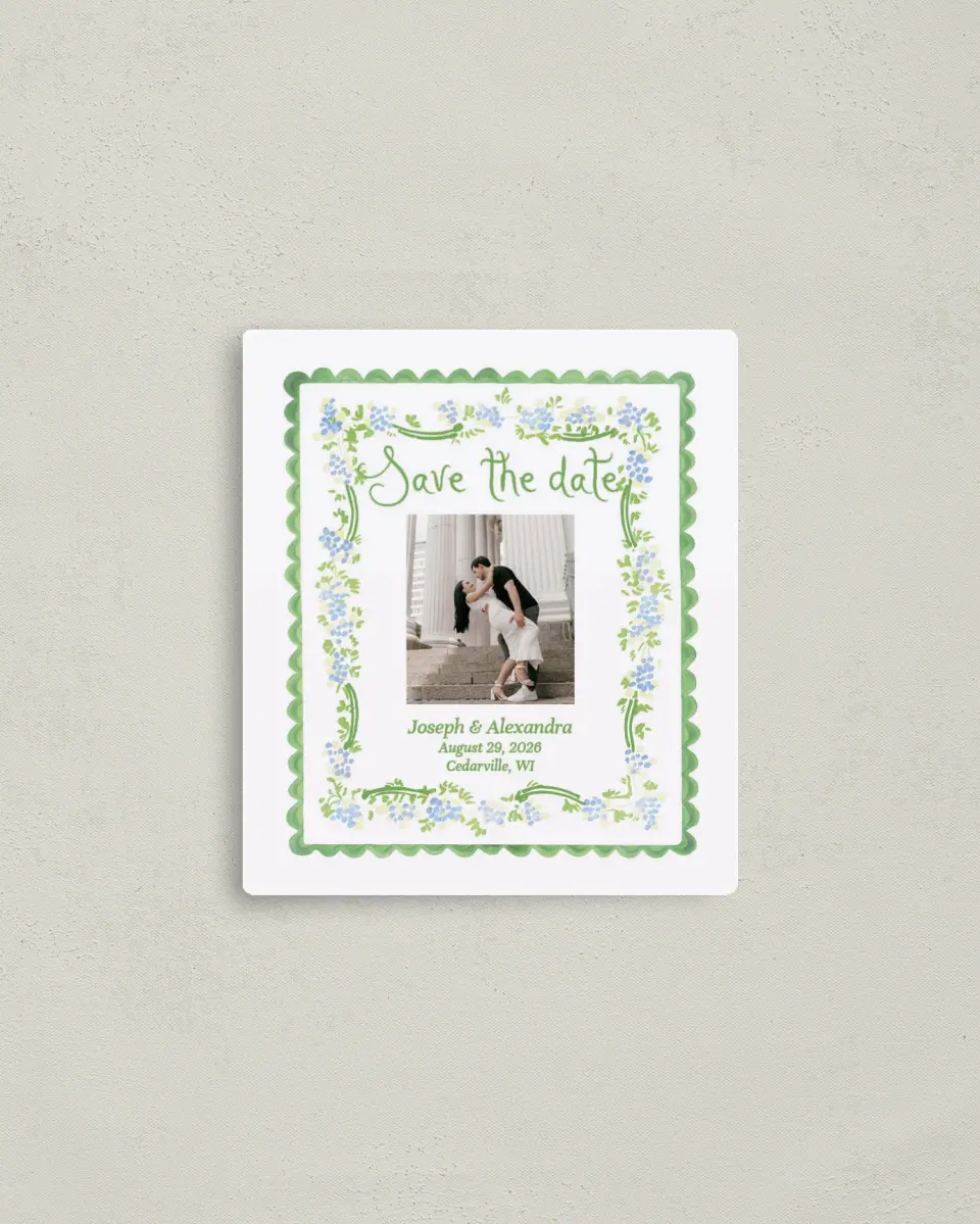 This is a 3½" x 4" Save the Date Magnet called Flower Frame printed in full color with Gold foil and a Luxe Satin finish