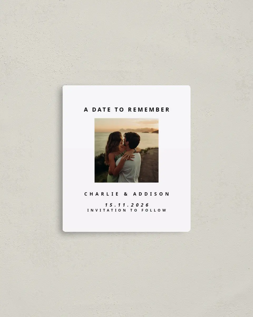 This is a 3½" x 4" Save the Date Magnet called Date to Remember printed in full color with Gold foil and a Luxe Satin finish