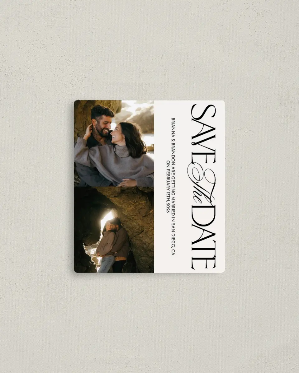This is a 3½" x 4" Save the Date Magnet called Modern Romance printed in full color with Gold foil and a Luxe Satin finish