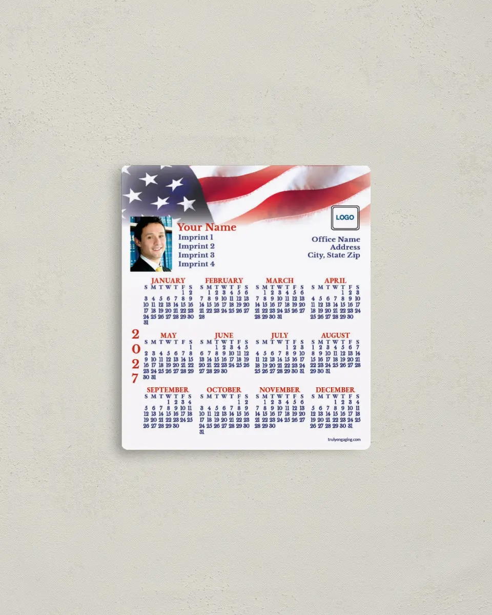 This is a 3½" x 4" Full Magnet Calendar called Fading Flag printed in full color with a Standard Gloss finish