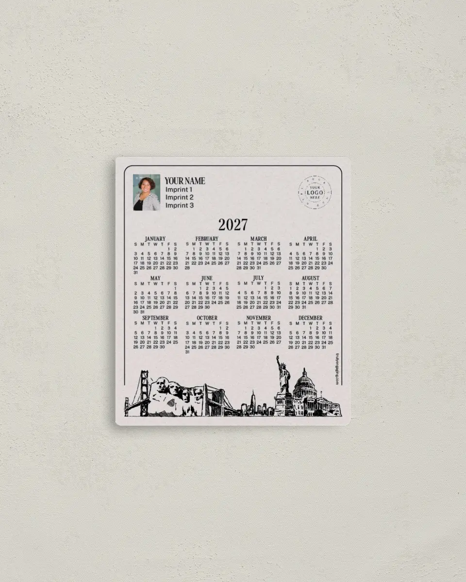 This is a 3½" x 4" Full Magnet Calendar called USA Skylines printed in full color with a Standard Gloss finish