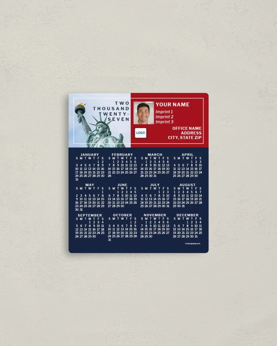 This is a 3½" x 4" Full Magnet Calendar called Lady Liberty printed in full color with a Standard Gloss finish