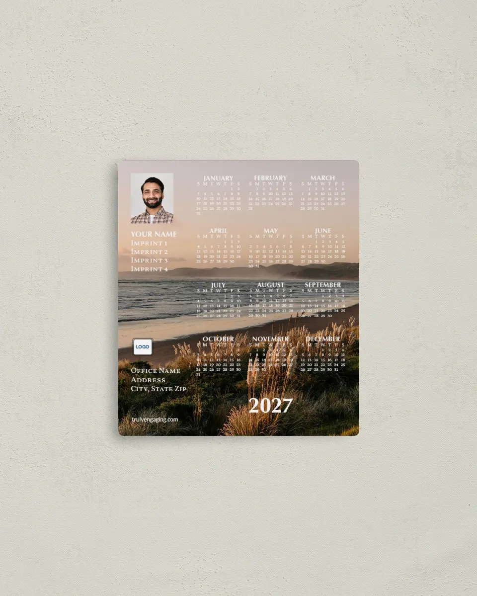 This is a 3½" x 4" Full Magnet Calendar called Raglan Coastal printed in full color with a Standard Gloss finish
