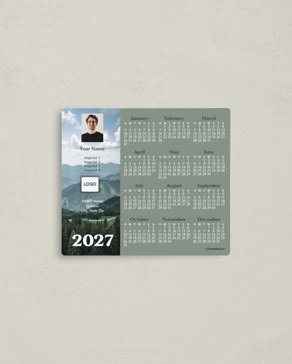 This is a 3½" x 4" Full Magnet Calendar called Mountains of Pine printed in full color with a Standard Gloss finish