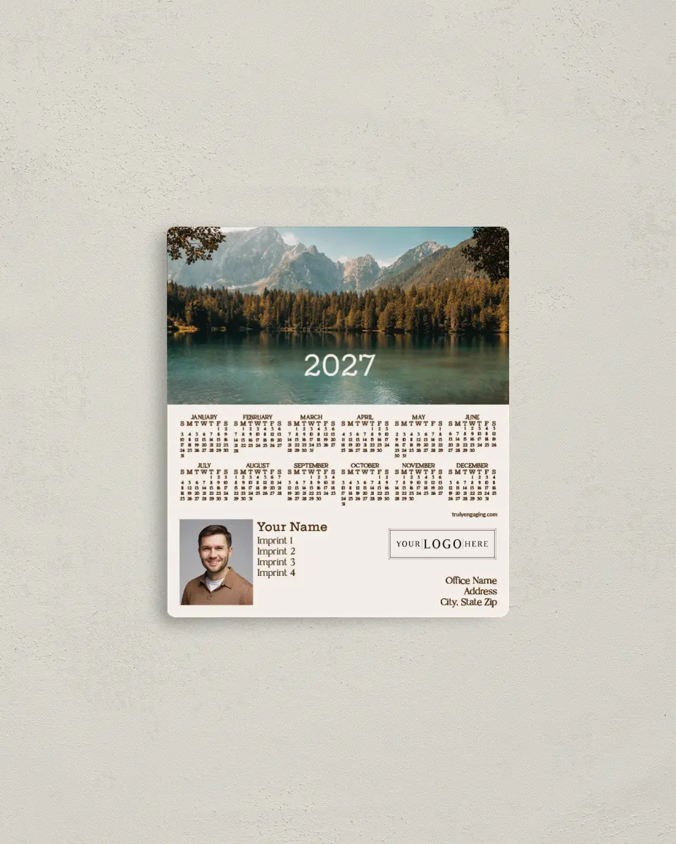 This is a 3½" x 4" Full Magnet Calendar called Majestic Lake printed in full color with a Standard Gloss finish