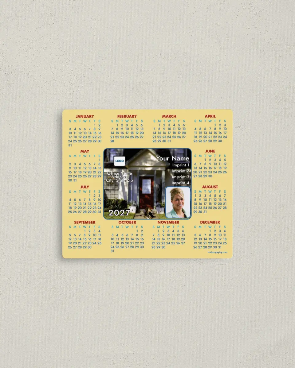 This is a 3½" x 4" Full Magnet Calendar called Front Door of a Home, Yellow Background printed in full color with a Standard Gloss finish