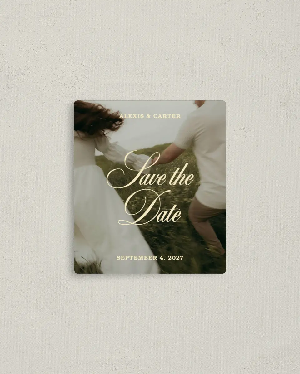This is a 3½" x 4" Save the Date Magnet called Our Happily Ever printed in full color with a Luxe Satin finish