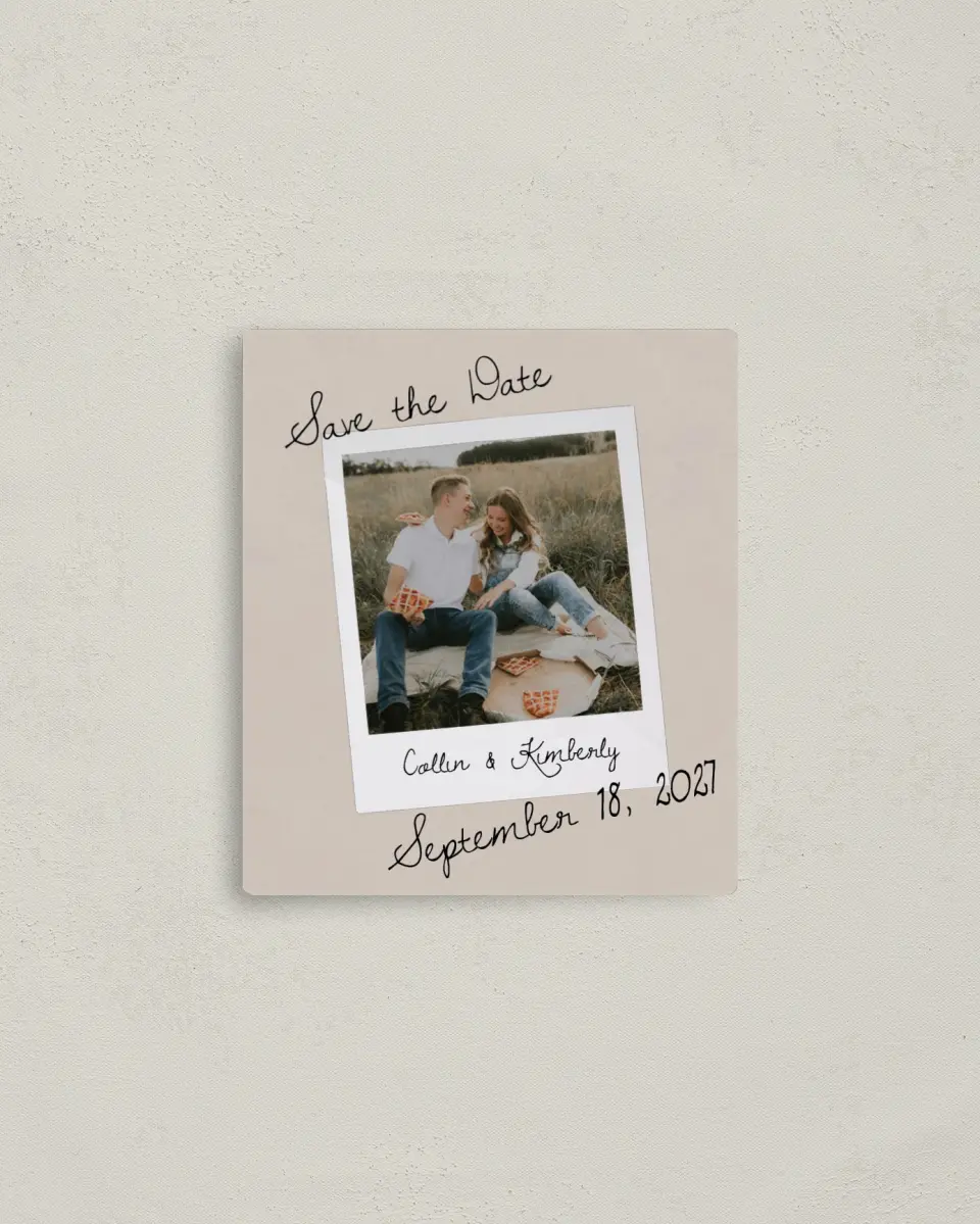 This is a 3½" x 4" Save the Date Magnet called Love Note printed in full color with a Luxe Satin finish
