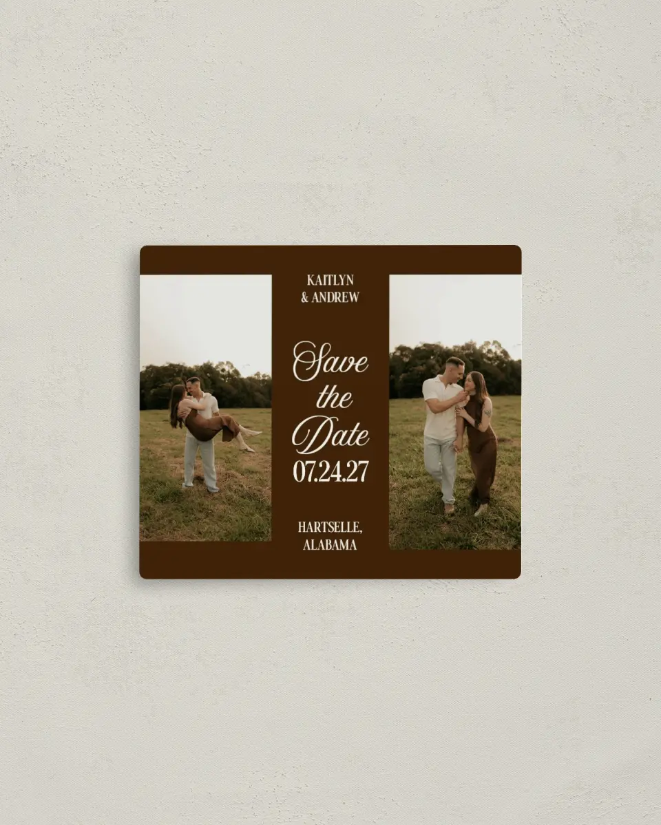 This is a 3½" x 4" Save the Date Magnet called Forevermore printed in full color with a Luxe Satin finish