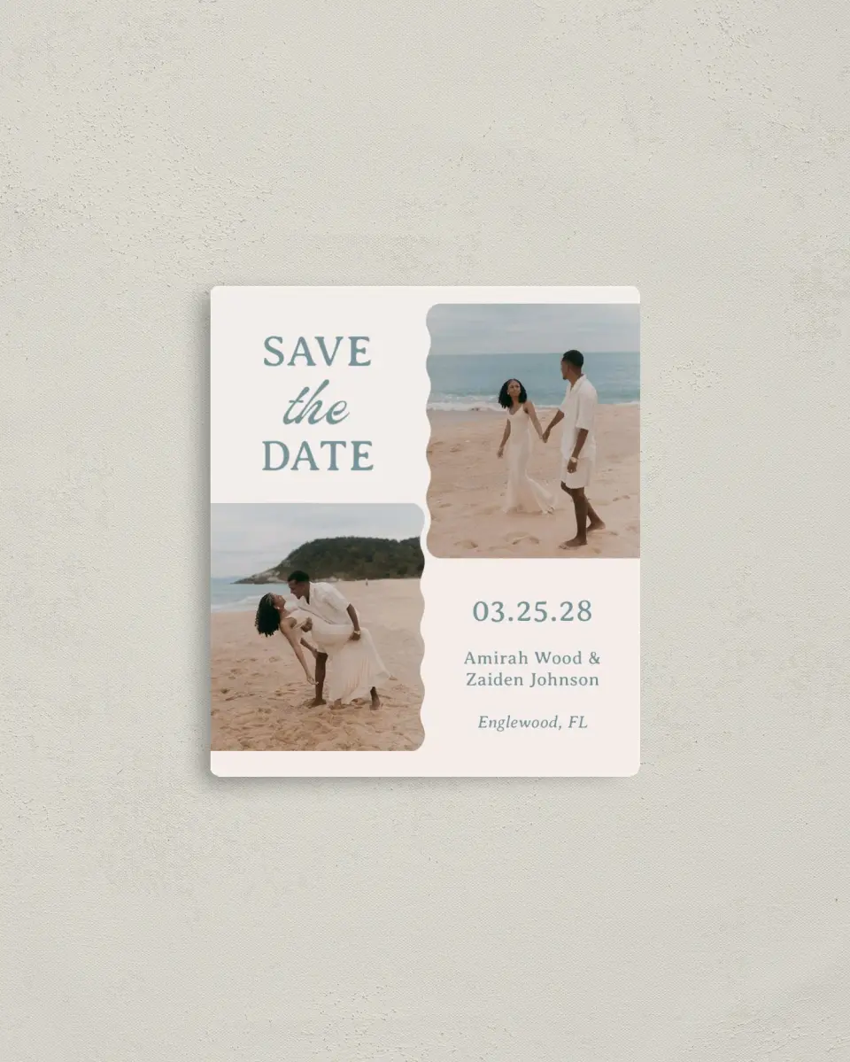 This is a 3½" x 4" Save the Date Magnet called Modern Muse printed in full color with a Luxe Satin finish