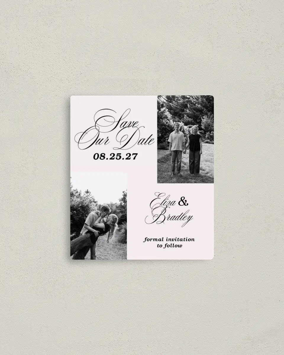 This is a 3½" x 4" Save the Date Magnet called Loving You printed in full color with a Luxe Satin finish