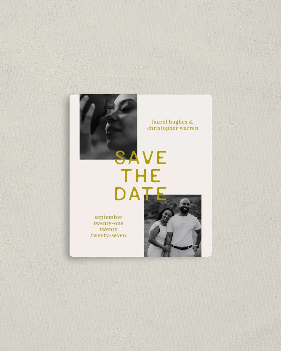 This is a 3½" x 4" Save the Date Magnet called Bright Love printed in full color with a Luxe Satin finish