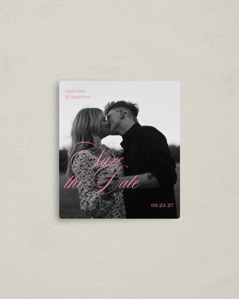This is a 3½" x 4" Save the Date Magnet called Sweet Embrace printed in full color with a Luxe Satin finish