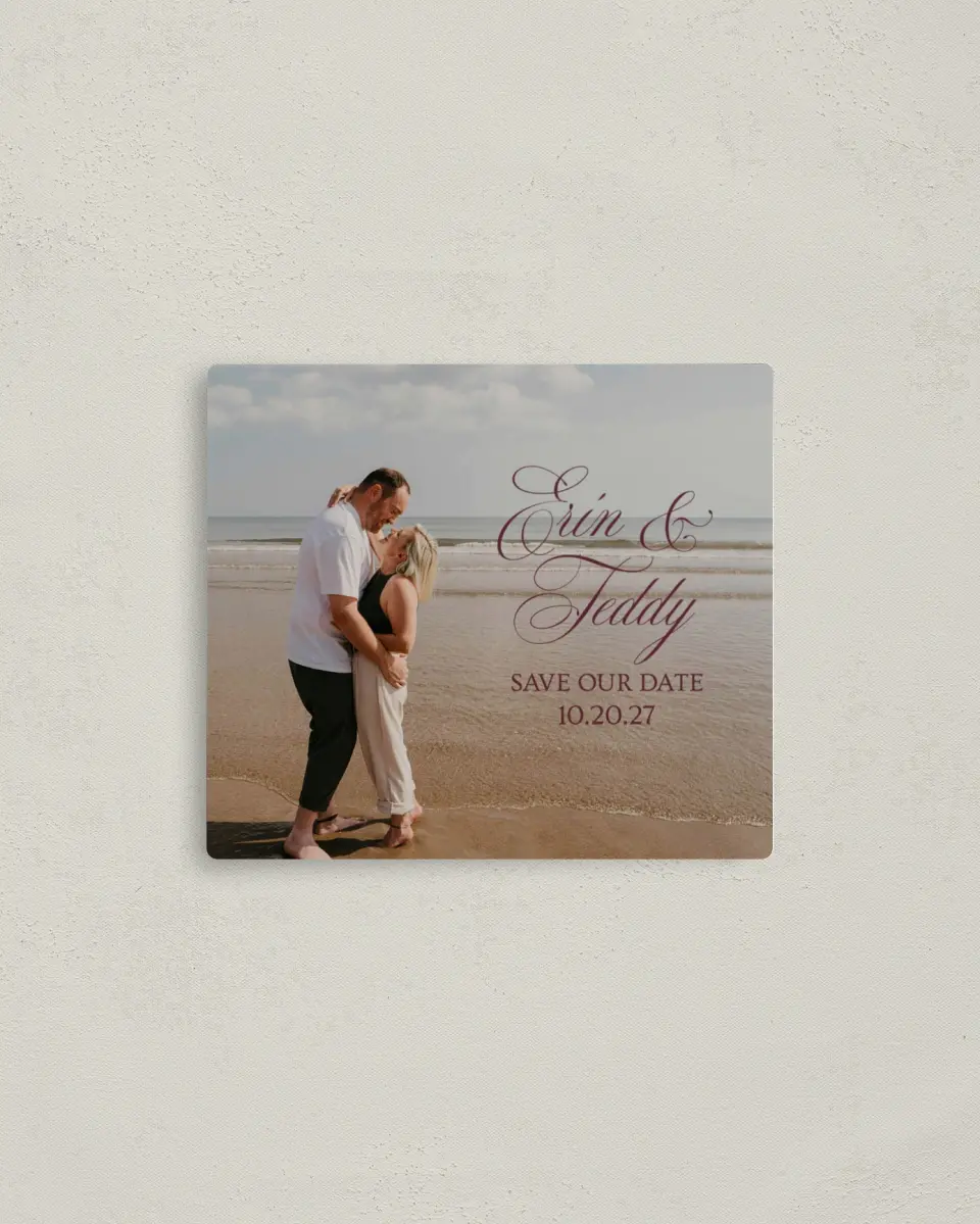 This is a 3½" x 4" Save the Date Magnet called Written in Love printed in full color with a Luxe Satin finish