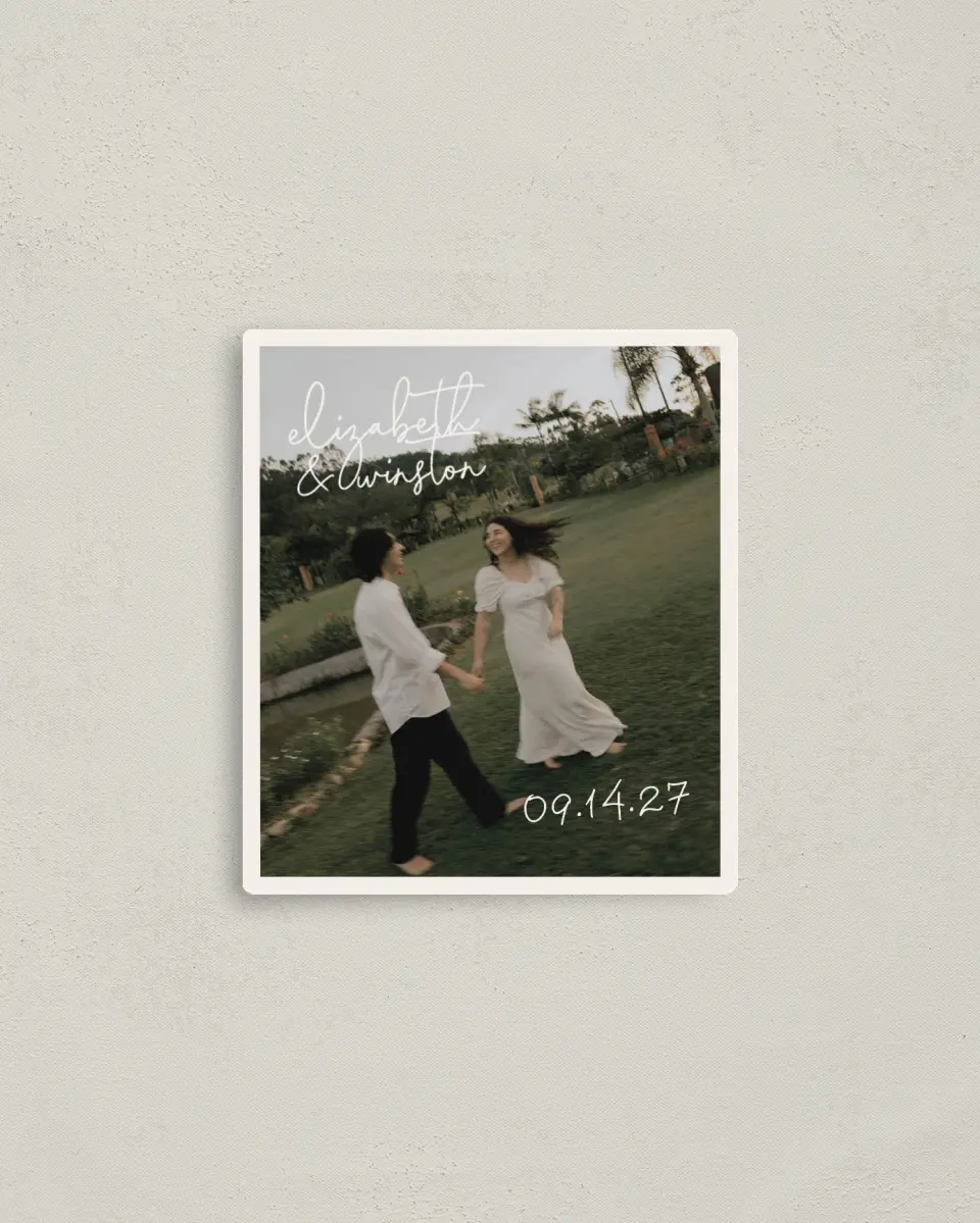 This is a 3½" x 4" Save the Date Magnet called Chasing Love printed in full color with a Luxe Satin finish