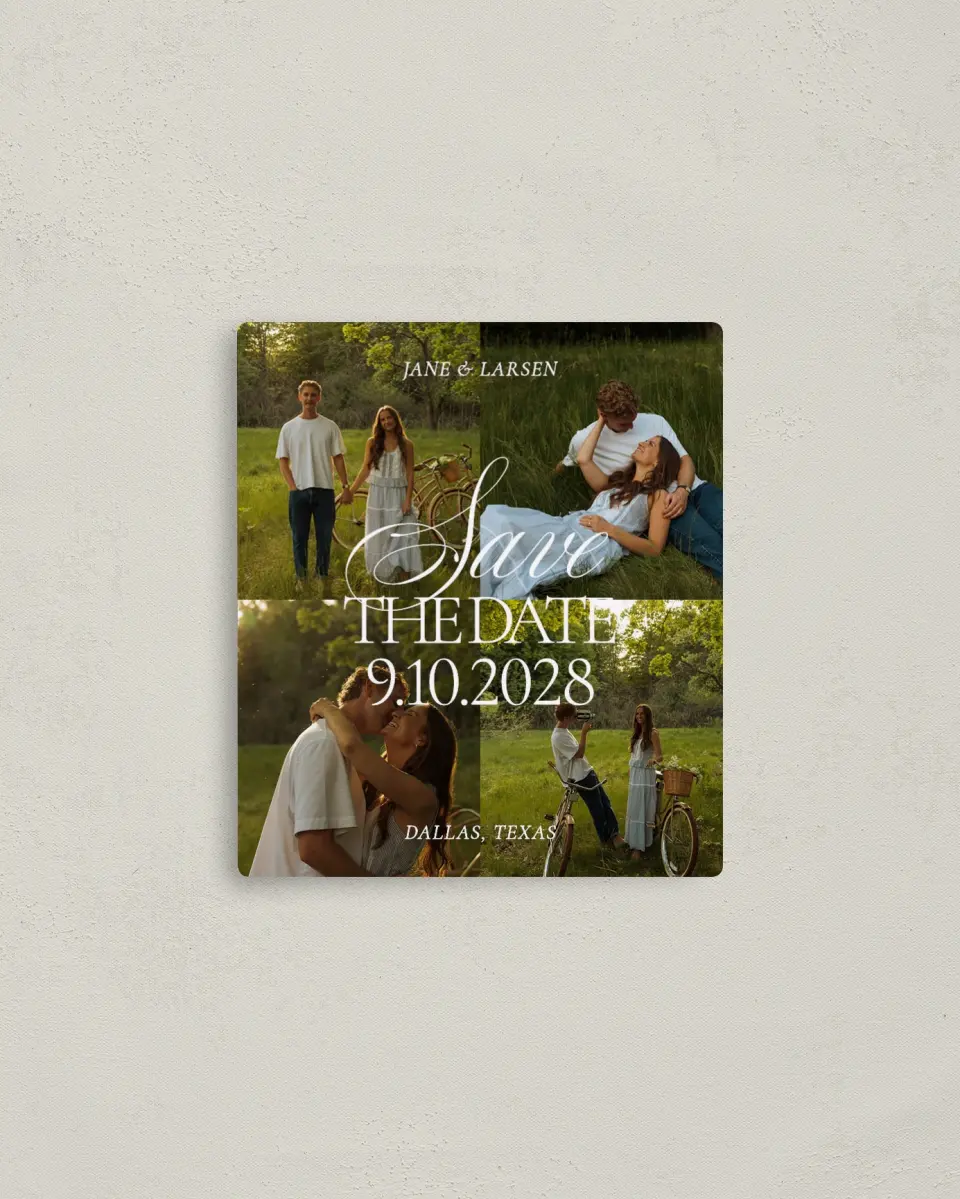 This is a 3½" x 4" Save the Date Magnet called Golden Hour printed in full color with a Luxe Satin finish