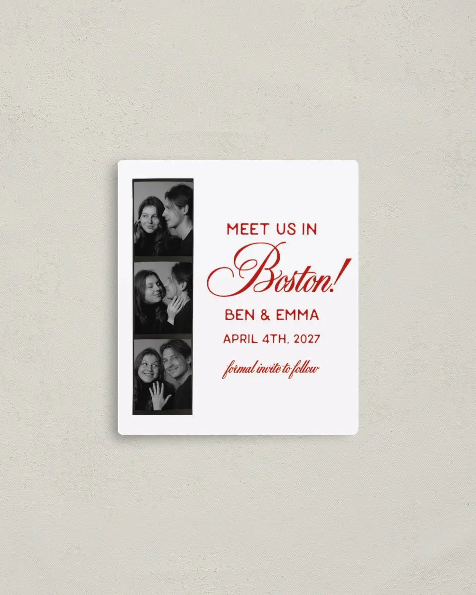 This is a 3½" x 4" Save the Date Magnet called Retro Film Strip printed in full color with a Luxe Satin finish