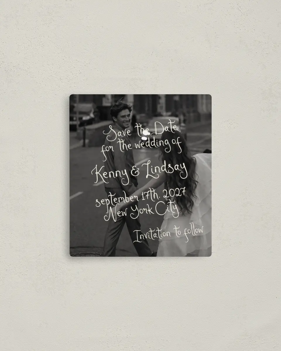 This is a 3½" x 4" Save the Date Magnet called Handwritten Editorial printed in full color with a Luxe Satin finish