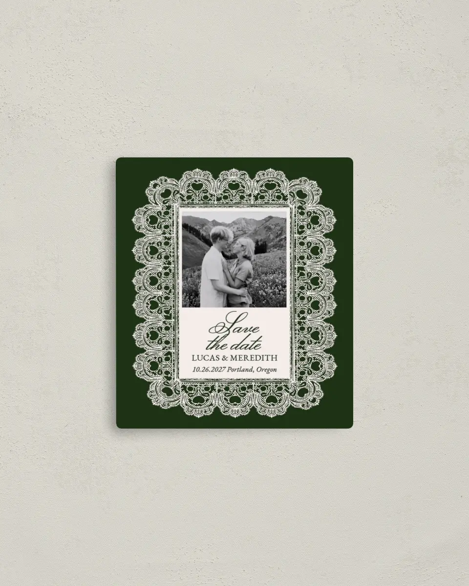 This is a 3½" x 4" Save the Date Magnet called Lace Border printed in full color with a Luxe Satin finish