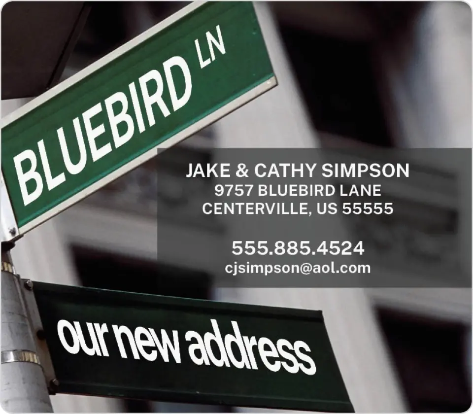 This is a 3½" x 4" Moving Announcement Magnet called Street Signs printed in full color with a Luxe Satin finish