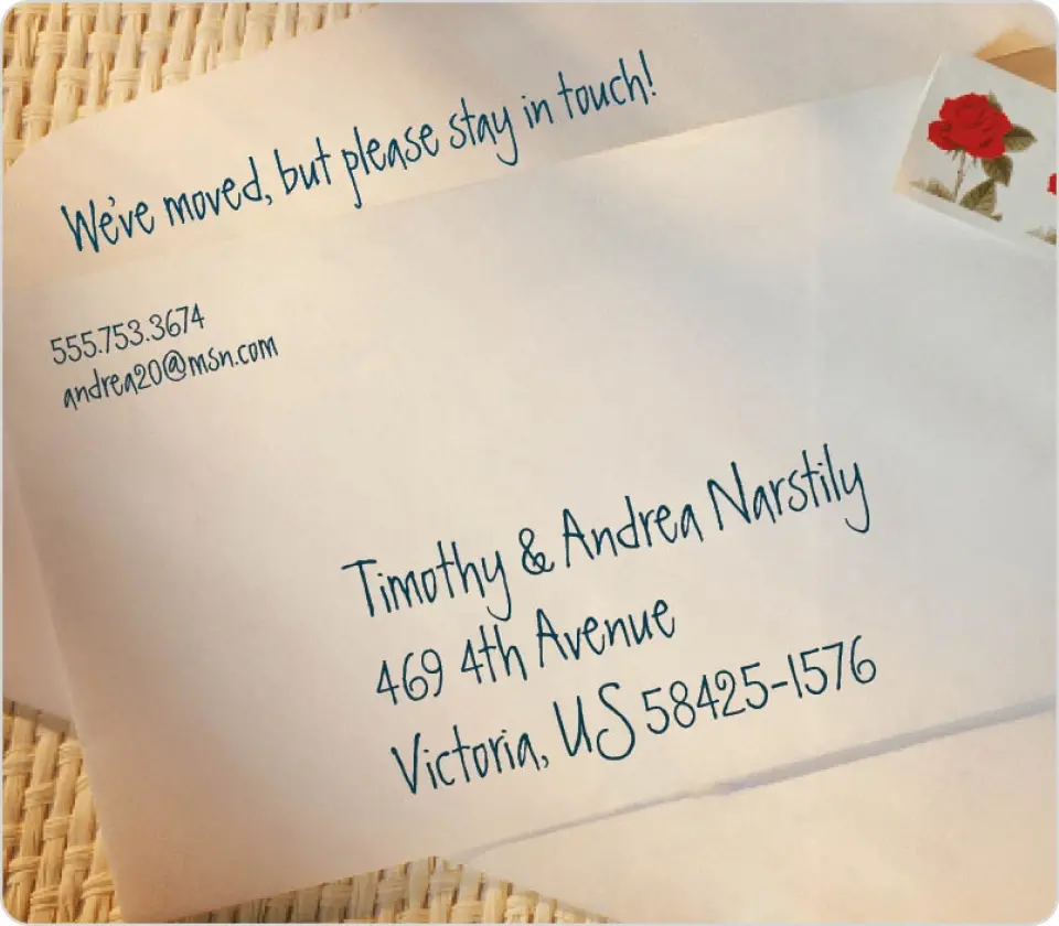 This is a 3½" x 4" Moving Announcement Magnet called Stamped Letter printed in full color with a Luxe Satin finish