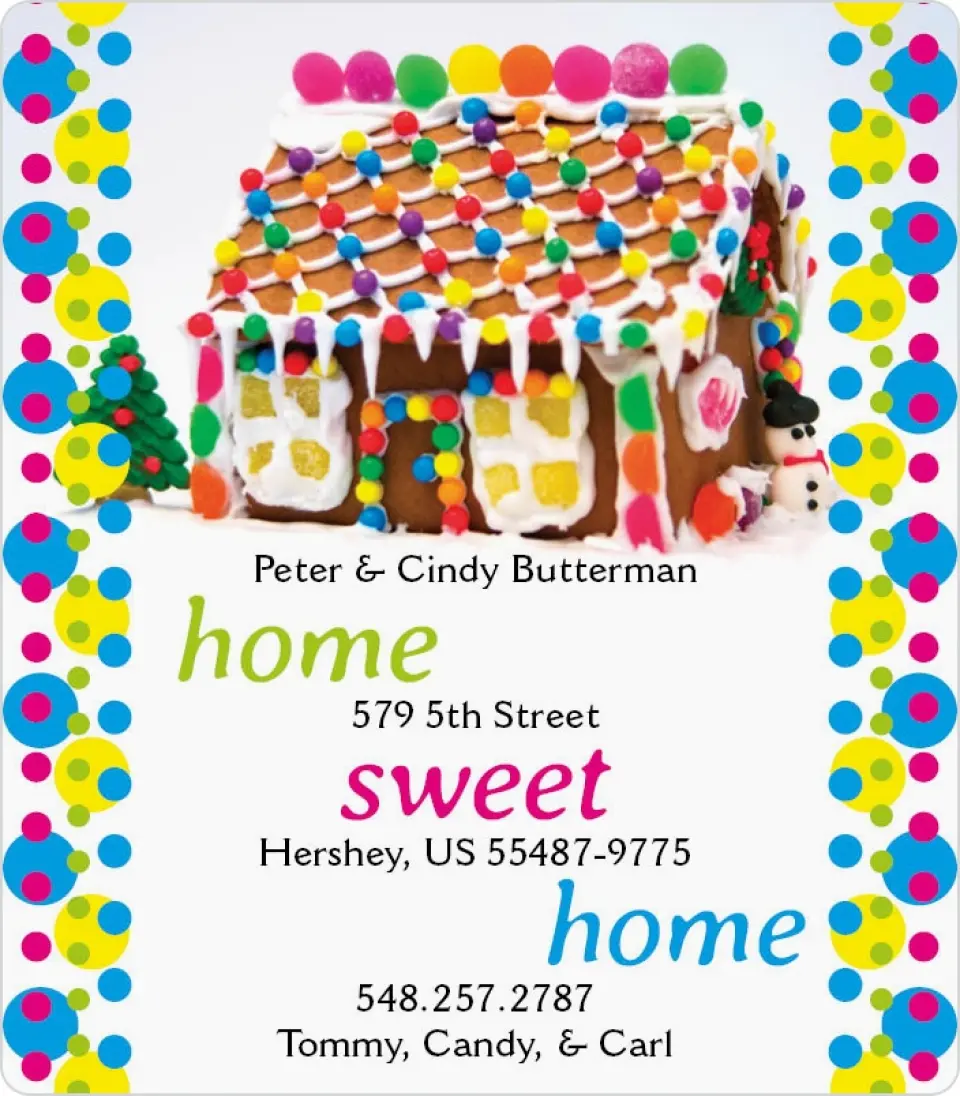 This is a 3½" x 4" Moving Announcement Magnet called Gingerbread Greetings printed in full color with a Luxe Satin finish