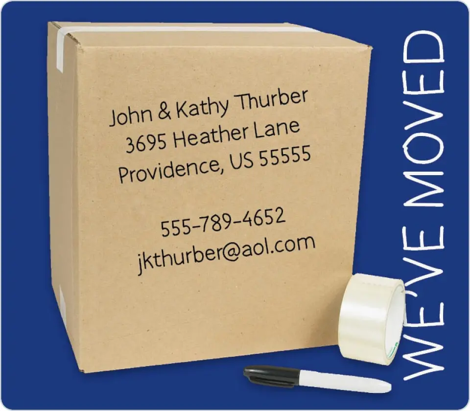 This is a 3½" x 4" Moving Announcement Magnet called Moving Boxes printed in full color with a Luxe Satin finish