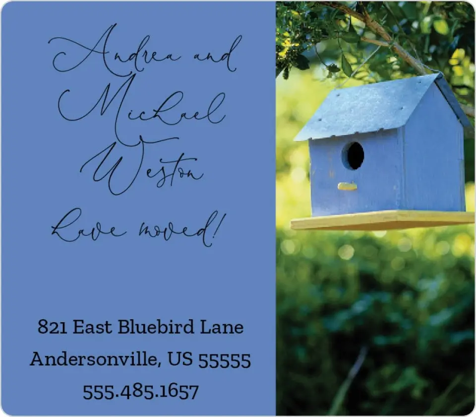 This is a 3½" x 4" Moving Announcement Magnet called Bird House printed in full color with a Luxe Satin finish