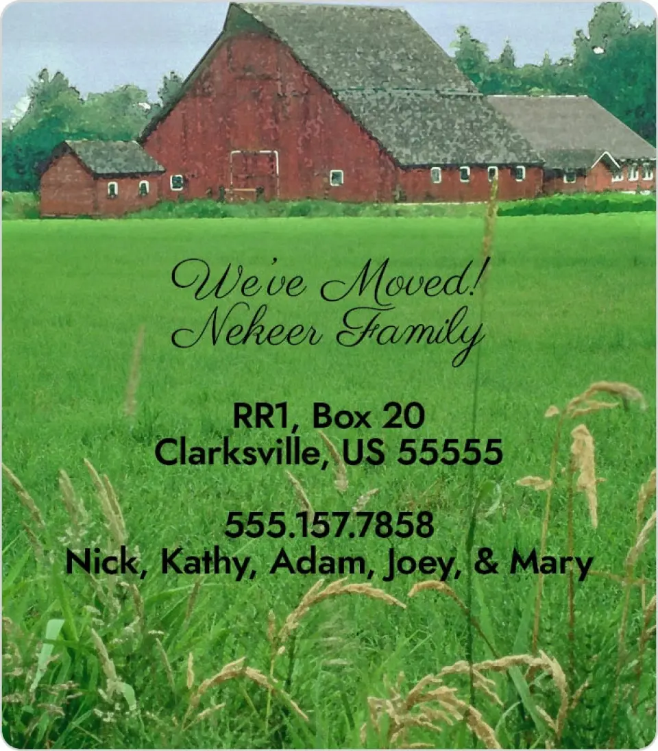 This is a 3½" x 4" Moving Announcement Magnet called Family Farm printed in full color with a Luxe Satin finish
