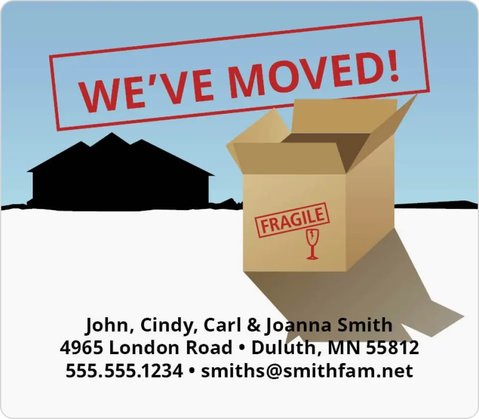 This is a 3½" x 4" Moving Announcement Magnet called Fragile Boxes printed in full color with a Luxe Satin finish
