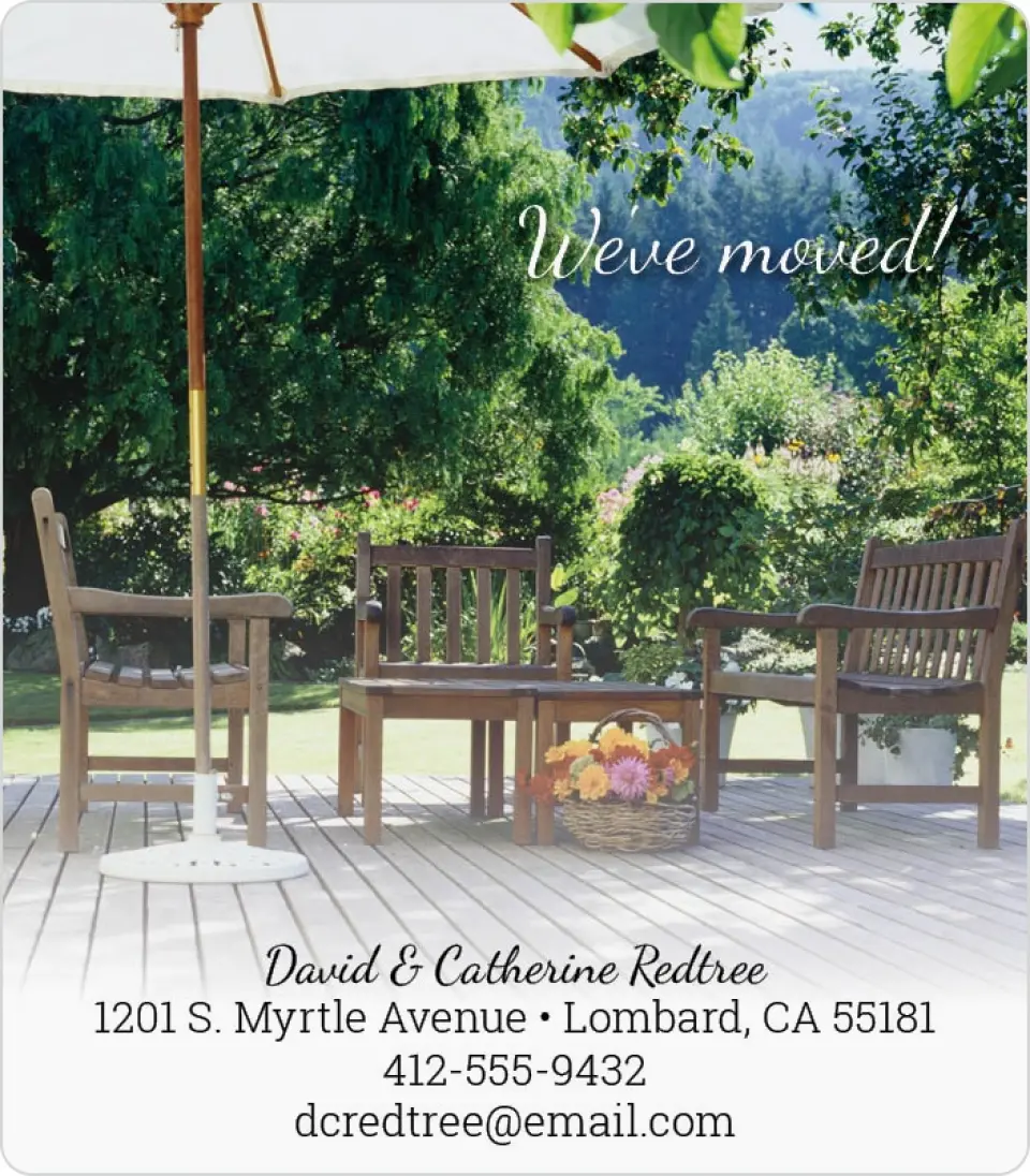 This is a 3½" x 4" Moving Announcement Magnet called Backyard View printed in full color with a Luxe Satin finish